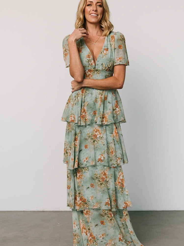 Ruffled স্তরযুক্ত Pleated প্রিন্ট ম্যাক্সি পোষাক