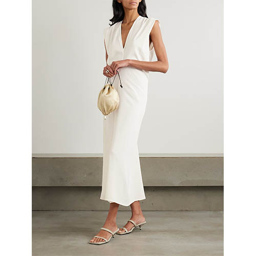 সাজানো আইভরি স্লিভলেস ডিপ ভি মিডি ড্রেস